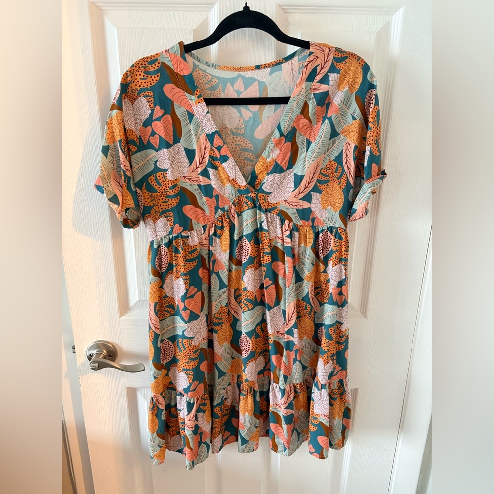 Cupshe Teal Dress with Coral & Mustard Tropical Leaf Print